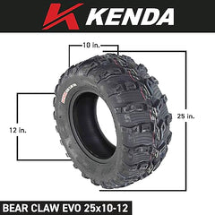 Kenda Bearclaw EVO K592 - 25x10-12 Rear Tire for All Terrain (ATV), UTV, and Side by Side (SxS) Vehicles - 6-Ply - Bear Claw EVO 25x10x12 with Kenda Keychain