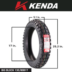 Kenda Big Block (K784) 130/80B17 Rear Tire for Motorcycles, Dirt Bikes, and City Bikes - Durable Off-Road & Street Performance with Keychain 130x80x17