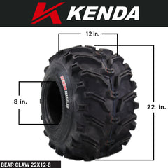 Kenda Bearclaw K299 - 22x12-8 Rear Tire for All Terrain (ATV), UTV, and Side by Side (SxS) Vehicles - 6-Ply - Bear Claw 22x12x8 with Kenda Keychain