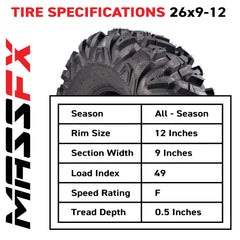 MASSFX 26x9-12 Front Tires for ATV, UTV, & SxS-6-Ply w/ 1/2" Tread Depth (2-pk)