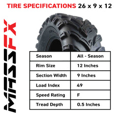 MASSFX 26x9-12 Front Tires for ATV, UTV, & SxS-6-Ply w/ 1/2" Tread Depth (2-pk)
