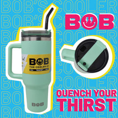 BOB THE COOLER CO - 40oz "Roadie" Heavy Duty Double Wall Vacuum Insulated Tumbler with Straw and Handle, Made of Stainless Steel, Great for Travel, Beach, & More