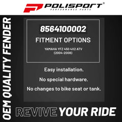 Polisport Motocross (MX) Rear Fender for Yamaha YFZ 450 4x2 ATV (2004-08) - Exclusive DGP Technology, OEM Replacement - Black
