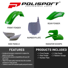 Polisport Motocross (MX) Replica Plastic Kit for Kawasaki KX 85/100/112 (2001-13) Dirt Bike – OEM Quality, Durable, Flexible & Perfect Fit – Green/White