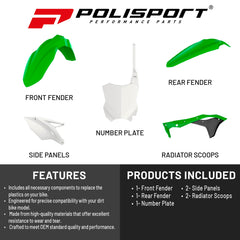 Polisport Motocross (MX) Replica Plastic Kit for Kawasaki KX 250F (2017-20) Dirt Bike– OEM Quality, Durable, Flexible & Perfect Fit – Green/Black