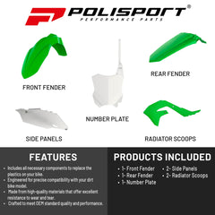 Polisport Motocross (MX) Replica Plastic Kit for Kawasaki KX 250F (2019-24) Dirt Bike – OEM Quality, Durable, Flexible & Perfect Fit – Green/White