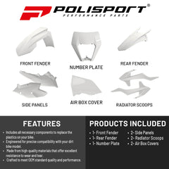 Polisport Motocross (MX) Replica Plastic Kit for KTM EXC/EXC-F & XC-W/XCF-W (2017–2019) Dirt Bike – OEM Quality, Durable, Flexible & Perfect Fit – White