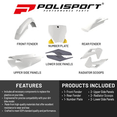 Polisport Motocross (MX) Replica Plastic Kit for Husqvarna TC250 (2019 - 2022) Dirt Bike – OEM Quality, Durable, Flexible & Perfect Fit – White/Yellow