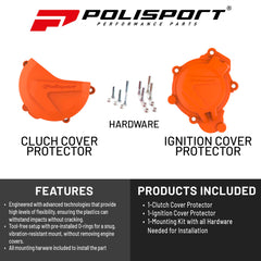Polisport Clutch and Ignition Cover Protector Kit (Orange) - Compatible with KTM XC/SX 125/200 & Husqvarna TC 125 (2016-2018)