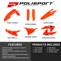 Polisport Motocross (MX) Replica Plastic Kit for KTM EXC/XCF/XCW/XW-F (2024-25) Dirt Bike – OEM Quality, Durable, Flexible & Perfect Fit – Orange/Black