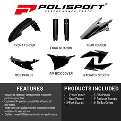 Polisport Motocross (MX) Replica Plastic Kit for KTM EXC/XC-W (2024) Dirt Bike – OEM Quality, Durable, Flexible & Perfect Fit – Black