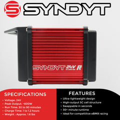 SYNDYT SYR 120 24V 5Ah Race Battery, Lithium-Ion Replacement Battery for SYR 120 and other SYNDYT 24V eBMX race frames. Charge time gives 30-90minutes of runtime.