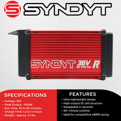 SYNDYT SYR 160 36V 5Ah Race Battery, Lithium-Ion Replacement Battery for SYNDYT SYR 160 and other SYNDYT 36V eBMX race platforms. Charge time gives 30-90minutes of runtime.