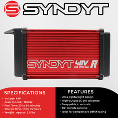 SYNDYT SYR 200 48V 5Ah Race Battery, Lithium-Ion Replacement Battery for SYNDYT SYR 200 and other SYNDYT 36V eBMX race platforms. Charge time gives 30-90minutes of runtime.