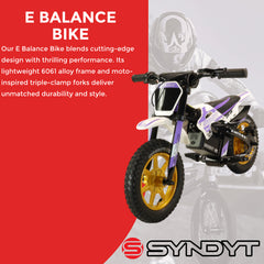 SYNDYT SYR 120 12" Electric Balance Bike for Kids Ages 3-5, 24V 10Ah Battery, 250W Motor, 5/8/12 MPH Speed Settings, Rear Disc Brake, MX-Style Foot Pegs, 12" Alloy Wheels, Lavender/White