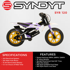 SYNDYT SYR 120 12" Electric Balance Bike for Kids Ages 3-5, 24V 10Ah Battery, 250W Motor, 5/8/12 MPH Speed Settings, Rear Disc Brake, MX-Style Foot Pegs, 12" Alloy Wheels, Lavender/White