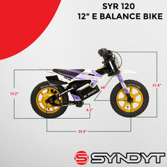 SYNDYT SYR 120 12" Electric Balance Bike for Kids Ages 3-5, 24V 10Ah Battery, 250W Motor, 5/8/12 MPH Speed Settings, Rear Disc Brake, MX-Style Foot Pegs, 12" Alloy Wheels, Lavender/White