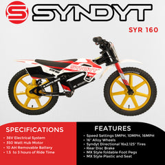 SYNDYT SYR 160 16" Electric Balance Bike for Kids Ages 5-8, 36V 10Ah Battery, 350W Motor, 5/10/16 MPH Speed Settings, Rear Disc Brake, MX-Style Foot Pegs, 16" Alloy Wheels, Red/White