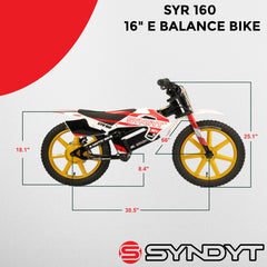 SYNDYT SYR 160 16" Electric Balance Bike for Kids Ages 5-8, 36V 10Ah Battery, 350W Motor, 5/10/16 MPH Speed Settings, Rear Disc Brake, MX-Style Foot Pegs, 16" Alloy Wheels, Red/White