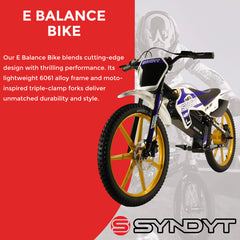 SYNDYT SYR 200 20" Electric Balance Bike for Kids Ages 8-12, 48V 20Ah Battery, 500W Motor, 10/15/20 MPH Speed Settings, Front & Rear Hydraulic Disc Brakes, MX-Style Foot Pegs, 20" Alloy Wheels, Blue/White