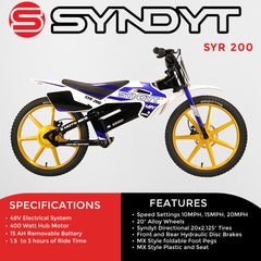 SYNDYT SYR 200 20" Electric Balance Bike for Kids Ages 8-12, 48V 20Ah Battery, 500W Motor, 10/15/20 MPH Speed Settings, Front & Rear Hydraulic Disc Brakes, MX-Style Foot Pegs, 20" Alloy Wheels, Blue/White