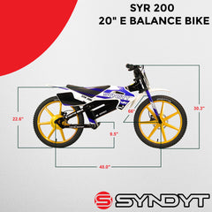 SYNDYT SYR 200 20" Electric Balance Bike for Kids Ages 8-12, 48V 20Ah Battery, 500W Motor, 10/15/20 MPH Speed Settings, Front & Rear Hydraulic Disc Brakes, MX-Style Foot Pegs, 20" Alloy Wheels, Blue/White