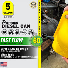 Fuelworx Yellow 5 Gallon Stackable Fast Pour Diesel Fuel Cans CARB Compliant Made in The USA (5 Gallon Diesel Cans 2-Pack)