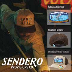 Sendero Provisions Co. Fly Fisher Adjustable Snapback Hat with Sublimated Patch & Mesh Back for Breathability (Khaki/Brown) - One Size