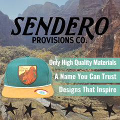 Sendero Provisions Co. Zion National Park Adjustable Snapback Rope Hat with Woven Patch & Topographic Map Undervisor (Dark Green/Golden Brown) - One Size
