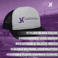 Hoosier Straightaway White Snapback Trucker Style Baseball Hat with Breathable Black Mesh Back & Adjustable Plastic Snapback Closure with Hoosier Keychain