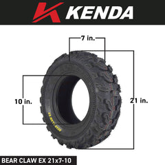 Kenda Bearclaw EX K573 - 21x7-10 Front Tire for All Terrain (ATV), UTV, and Side by Side (SxS) Vehicles with TR-6 Inner Tube - Bear Claw EX 21x7x10
