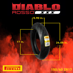 Pirelli Diablo Rosso III 120/70ZR17 Front & 150/60ZR17 Rear Motorcycle Tire Set - High Performance, Durable, & Reliable Tire for Sport/Street Bikes with Keychain