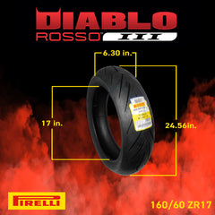 Pirelli Diablo Rosso III 120/70ZR17 Front & 160/60ZR17 Rear Motorcycle Tire Set - High Performance, Durable, & Reliable Tire for Sport/Street Bikes with Keychain