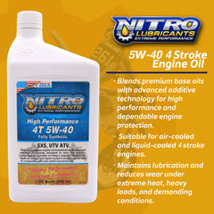Nitro Lubricants 5W-40 4 Stroke Engine Oil – Semi-Synthetic, High Performance Formula for Motorcycles, ATVs & UTVs – Racing & Off-Road – Advanced Additive Technology – 1 Quart – Made in USA (6-Pack)