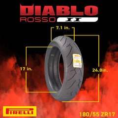 Pirelli Diablo Rosso II 180/55 ZR 17 M/C (73W) TL Rear Motorcycle Tire - High Performance, Durable, and Reliable: Sport Performance for Road Use with Keychain