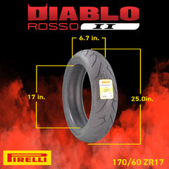 Pirelli Diablo Rosso II 120/70 ZR 17 M/C (58W) TL (K) Front & 170/60 ZR 17 M/C (72W) TL Rear Motorcycle Tires- Sport Performance for Road Use Tire Set with Keychain