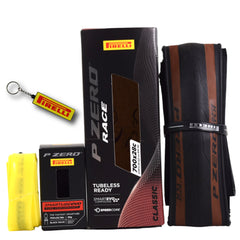 Pirelli P ZERO Race TLR Classic 28-622(700x28c) & SmarTUBE 23/32-622 700C Road Bike Tire & Tube Set-Lightweight, Bicycle Tire & Tube Set for Road Racing-Tan Sidewall, SmartEVO Compound w/Keychain