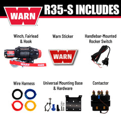 Warn R35-S Rope Winch - 3,500 lb. Pulling Capacity, equipped with 50’ of 7/32” synthetic rope & dash-mounted rocker switch - Fairlead for ATV, UTV, Side by Side, and SXS Recovery & Towing