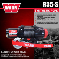 Warn R35-S Rope Winch - 3,500 lb. Pulling Capacity, equipped with 50’ of 7/32” synthetic rope & dash-mounted rocker switch - Fairlead for ATV, UTV, Side by Side, and SXS Recovery & Towing