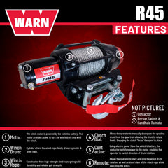 Warn R45 Wire Rope Winch - 4,500 lb. Pulling Capacity, equipped with 50’ of 1/4” steel rope and dash-mounted rocker switch - Corded remote/fairlead for ATV, UTV, Side by Side, and SXS Recovery/Towing