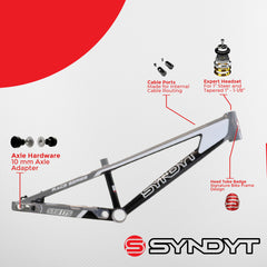 Syndyt 175 Mini BMX Racing Bike Frame – 17.5” Top Tube, 6061-T6 Aluminum (2.70 lbs), Tapered 38/42 Head Tube, Standard Euro BB, 10/15 mm Hubs, 140mm Disc Brake, Chain Tensioners – Gray Bicycle Frame