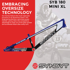 Syndyt 180 Mini XL BMX Racing Bike Frame – 18” Top Tube, 6061-T6 Aluminum (2.75 lbs), Tapered 38/42 Head Tube, Standard Euro BB, 10/15 mm Hubs, 140mm Disc Brake, Chain Tensioners – Blue Bicycle Frame