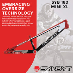 Syndyt 180 Mini XL BMX Racing Bike Frame – 18” Top Tube, 6061-T6 Aluminum (2.75 lbs), Tapered 38/42 Head Tube, Standard Euro BB, 10/15 mm Hubs, 140mm Disc Brake, Chain Tensioners – Red Bicycle Frame