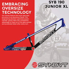 Syndyt 190 Junior XL BMX Racing Bike Frame – 19” Top Tube, 6061-T6 Aluminum (2.86 lbs), Tapered 38/42 Head Tube,Standard Euro BB, 10/15 mm Hubs, 140mm Disc Brake, Chain Tensioners Blue Bicycle Frame