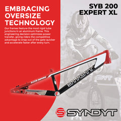 Syndyt 200 Expert XL BMX Racing Bike Frame – 20” Top Tube, 6061-T6 Aluminum (3.08 lbs), Tapered 38/42 Head Tube, Standard Euro BB, 10/15 mm Hubs, 140mm Disc Brake, Chain Tensioners Red Bicycle Frame
