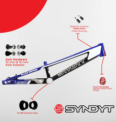 Syndyt 205 Pro BMX Racing Bike Frame – 20.5” Top Tube, 6061-T6 Aluminum (3.99 lbs), Tapered 42/52 Head Tube, B52 Tech BB, 10/15/20mm Hubs, 140mm Disc Brake, Chain Tensioners – Blue Bicycle Frame