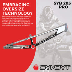 Syndyt 205 Pro BMX Racing Bike Frame – 20.5” Top Tube, 6061-T6 Aluminum (3.99 lbs), Tapered 42/52 Head Tube, B52 Tech BB, 10/15/20mm Hubs, 140mm Disc Brake, Chain Tensioners – Gray Bicycle Frame