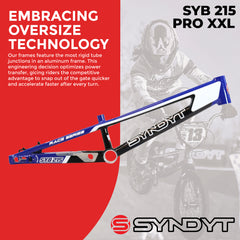 Syndyt 215 Pro 2XL BMX Racing Bike Frame – 21.5” Top Tube, 6061-T6 Aluminum (4.1 lbs), Tapered 42/52 Head Tube, B52 Tech BB, 10/15/20mm Hubs, 140mm Disc Brake, Chain Tensioners – Blue Bicycle Frame