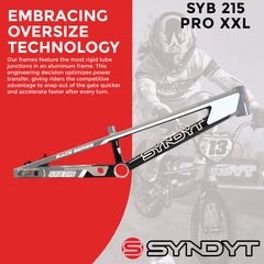 Syndyt 215 Pro 2XL BMX Racing Bike Frame – 21.5” Top Tube, 6061-T6 Aluminum (4.1 lbs), Tapered 42/52 Head Tube, B52 Tech BB, 10/15/20mm Hubs, 140mm Disc Brake, Chain Tensioners – Gray Bicycle Frame