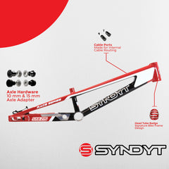 Syndyt 215 Pro 2XL BMX Racing Bike Frame – 21.5” Top Tube, 6061-T6 Aluminum (4.1 lbs), Tapered 42/52 Head Tube, B52 Tech BB, 10/15/20mm Hubs, 140mm Disc Brake, Chain Tensioners – Red Bicycle Frame